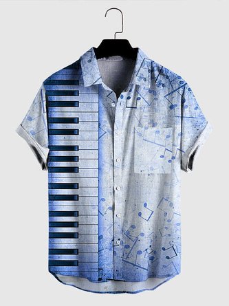 Mens Music Piano Print Pocket Lapel Casual Loose Short Sleeve Hawaiian Shirt