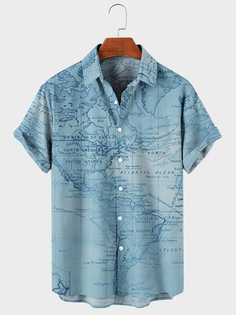 Mens Navigation Map Printed Casual Breathable Short Sleeve Shirt