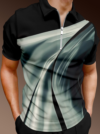 Casual Art Series Gradient 3D Stripes Geometric Lapel Short Sleeve Polo Print Top