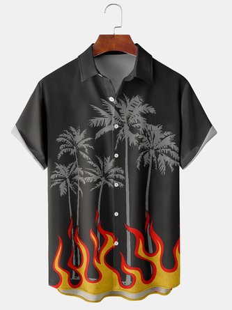 Mens Flame Coconut Tree Print Front Buttons Soft Breathable Chest Pocket Casual Hawaiian Shirt