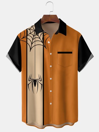 Mens Funky Halloween Spider Print Front Buttons Breathable Chest Pocket Casual Aloha Shirt