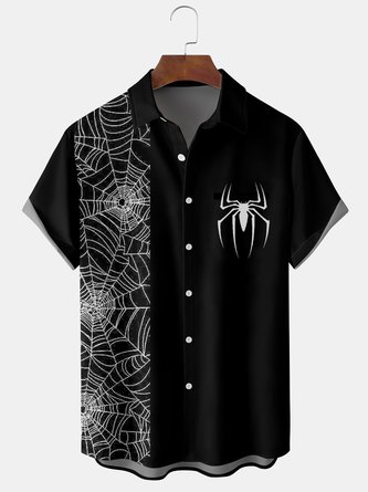 Mens Halloween Spider Print Front Buttons Soft Breathable Casual Hawaiian Shirt