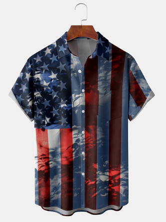 Vintage Festive Collection American Flag Pattern Lapel Short Sleeve Chest Pocket Shirt Print Top