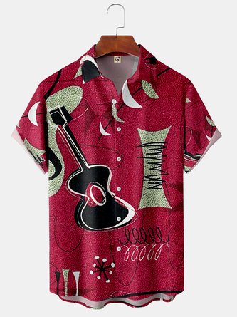 Men's Retro Medieval Music Print Casual Breathable Hawaiian Short Sleeve Shirt with Pockets