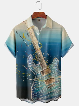 Men's Casual Short Sleeve Hawaiian Shirt with Chest Pocket Music Guitar Print