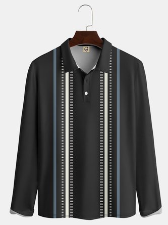 Casual Art Collection Geometric Stripes Color Blocking Lapel Button Long Sleeve Print Polo Shirt