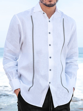 Casual geometric embroidered long sleeved linen shirt in cotton and linen style