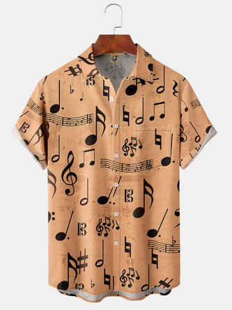 Note Breast Pocket Short Sleeve Shirt Music Collection Lapel Print Top