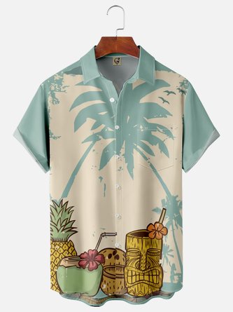 Tiki Coconut Tree Chest Pocket Short Sleeve Hawaiian Shirt