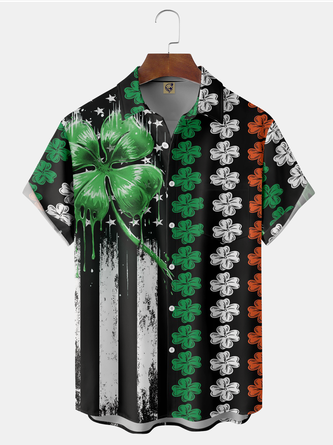 St. Patrick's Day Four-Leaf Clover Chest Pocket Short Sleeve Shirt