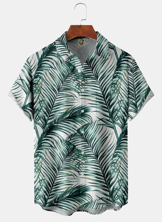 Palm Leaf Chest Pocket Short Sleeve Aloha Shirt