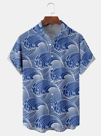 Japanese Waves Chest Pocket Short Sleeve Hawaiian Shirt