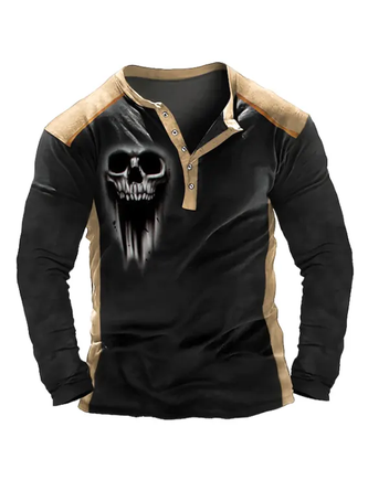 Halloween Skull Henley Long Sleeve T-Shirt