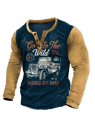 Vintage Car Henley Collar Long Sleeve T-Shirt