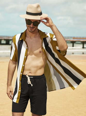 Men Striped Beach Casual Turn-down Collar Shirt