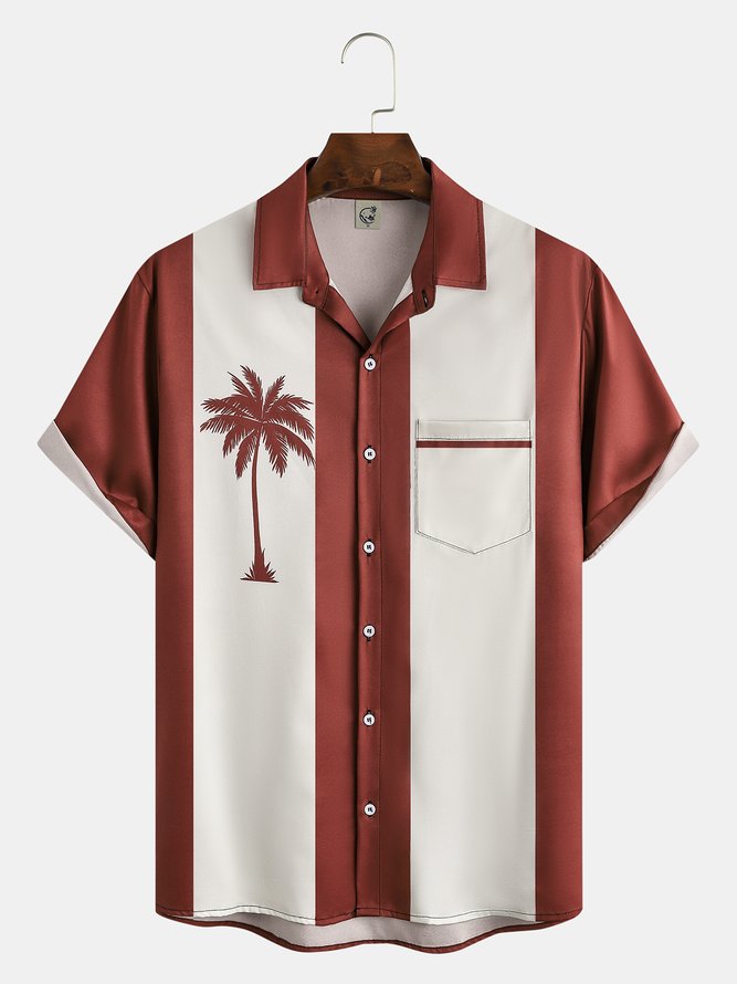 Mens Retro Coconut Tree Print Lapel Loose Chest Pocket Short Sleeve Funky Bowling Shirt