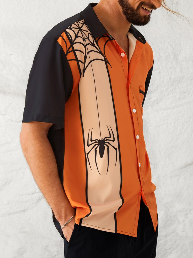 Mens Funky Halloween Spider Print Front Buttons Breathable Chest Pocket Casual Aloha Shirt