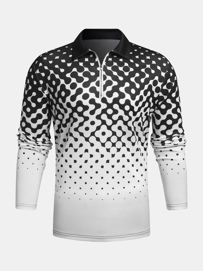 Casual Art Collection Geometric Stripes Color Blocking Lapel Zip Long Sleeve Printed Polo Shirt