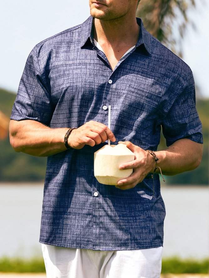 Men's Geometric Stripe Printed Wrinkle Resistant Moisture Wicking Fabric Fashion Hawaiian Lapel Short Sleeve Shirt