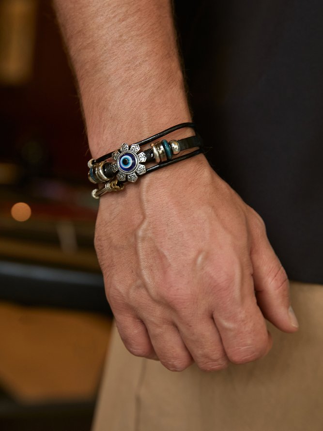 Men's Resort Stainless Steel Devil's Eye Leather Bracelet