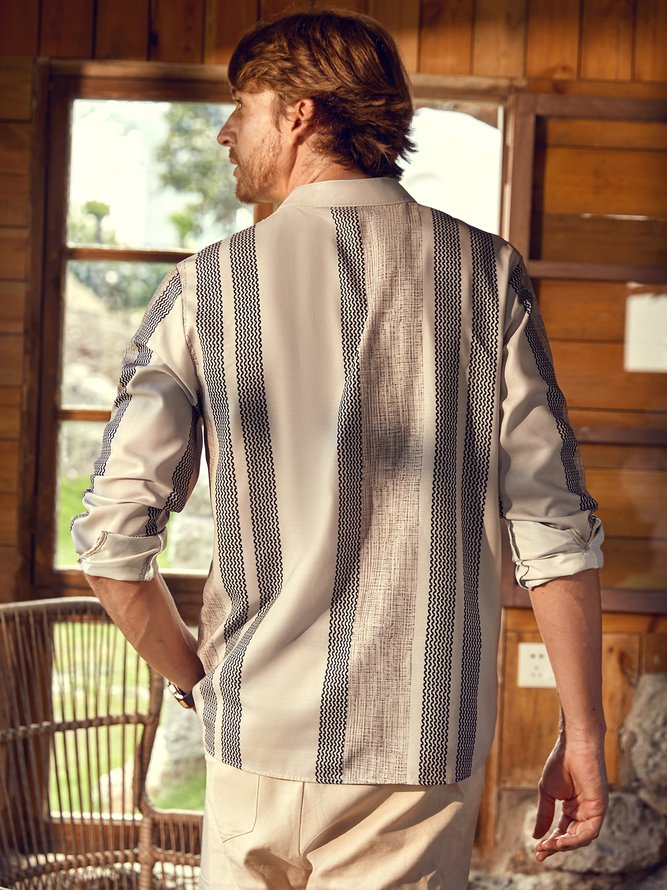 Men's Cotton Linen Stand Collar Pocket Striped Long Sleeve Shirt