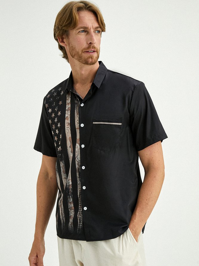Mens American Flag Print Lapel Loose Short Sleeve Trendy Hawaiian Shirt