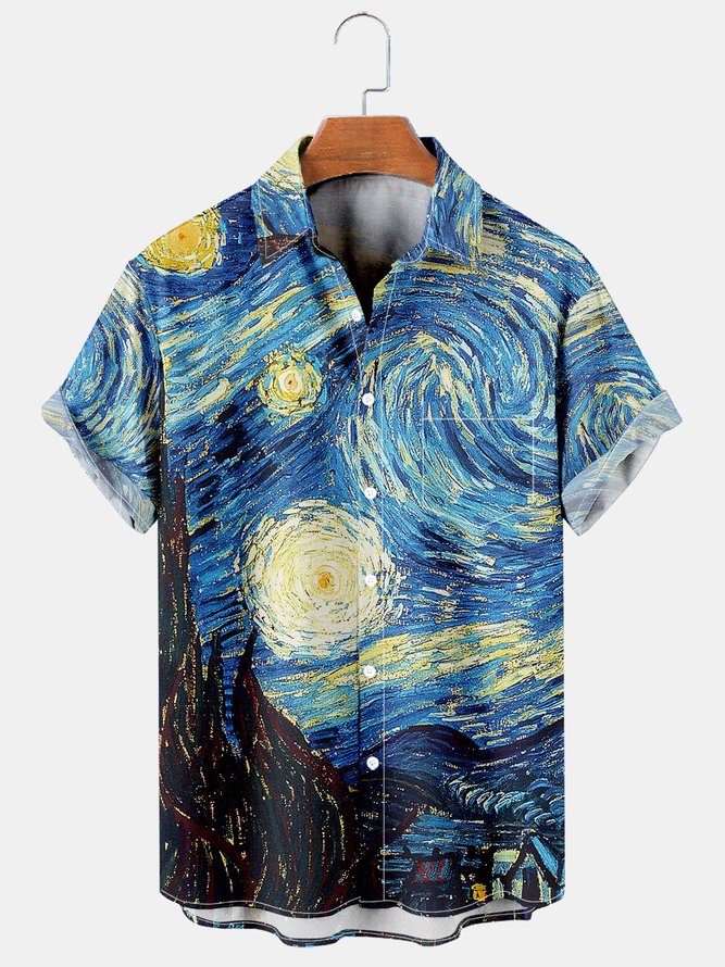 Mens Retro Van Gogh The Starry Night Lapel Loose Short Sleeve Funky Hawaiian Shirt