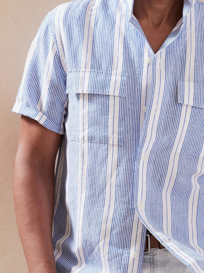 American Casual Lapel Stripe Long Sleeve Shirt
