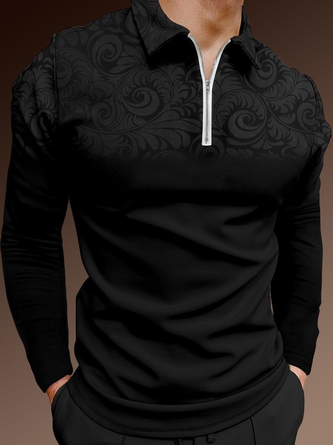 Men's Botanical Leaf Print Button Business Soft Long Sleeve Polo Shirt