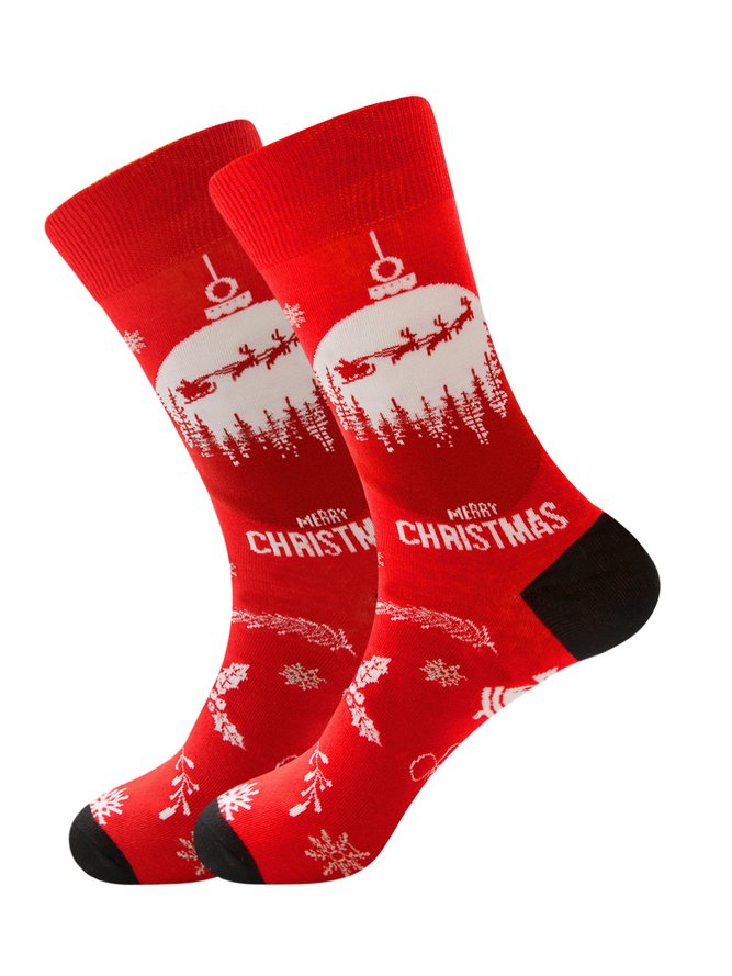 Christmas Cotton Jacquard Santa, Elk, Snowflake Pattern Socks, Festive Matching Red Socks