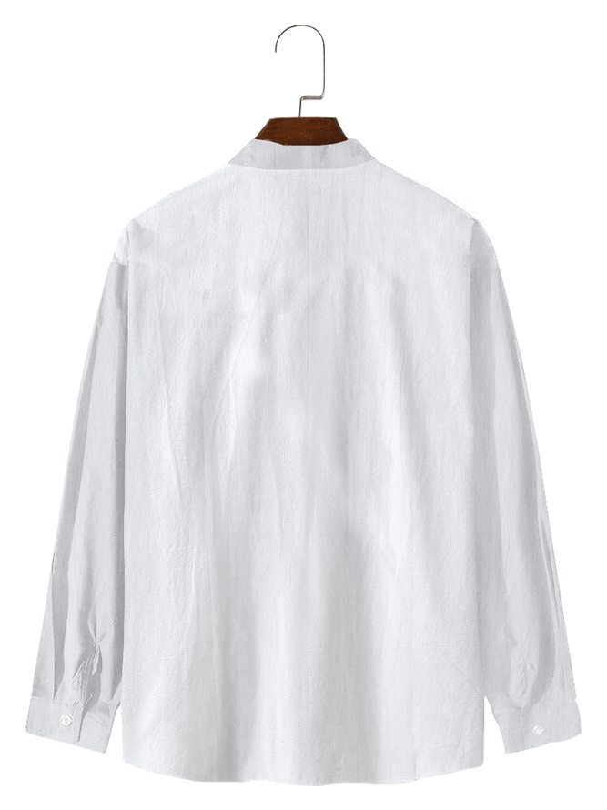 Casual geometric embroidered long sleeved linen shirt in cotton and linen style