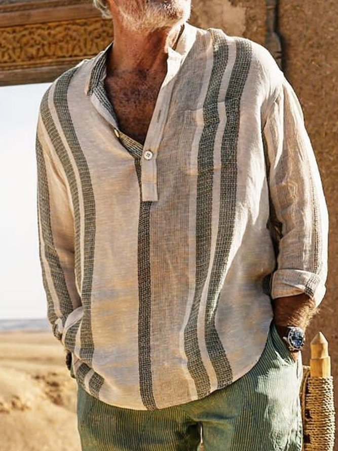 Men's Cotton Linen Stand Collar Pocket Striped Long Sleeve Shirt