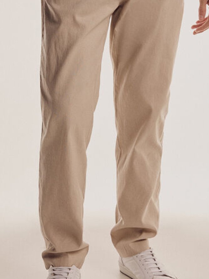 Plain Cotton Elastic-Waist Straight Pants
