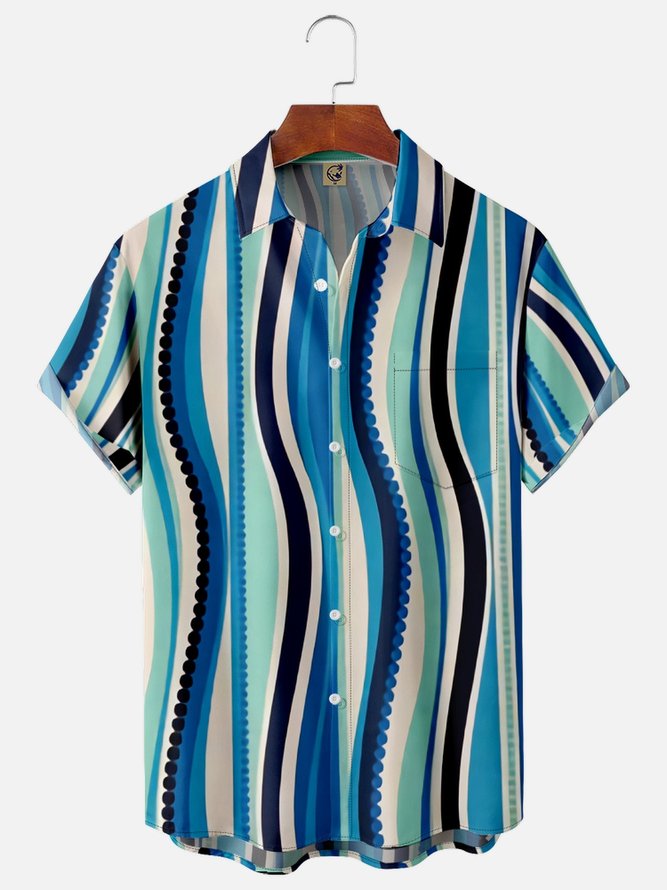 Wave Stripes Chest Pocket Short Sleeve Casual Shirt