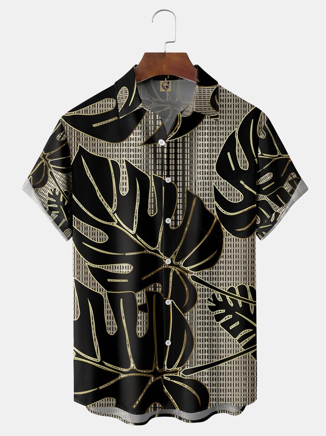 Gold Monstera Chest Pocket Short Sleeve Hawaiian Shirt
