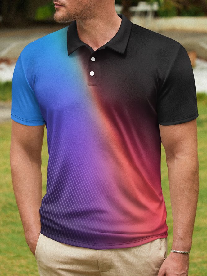 Gradient Abstract Stripe Button Short Sleeve Polo Shirt
