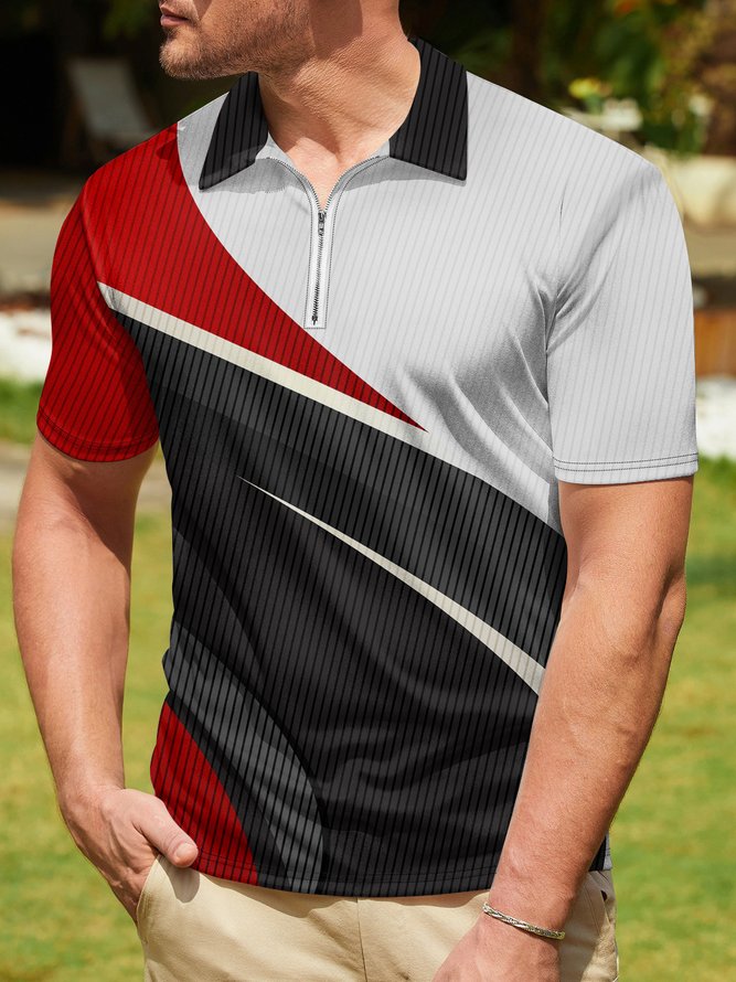Geometric Color Block Zip Short Sleeve Golf PoLo