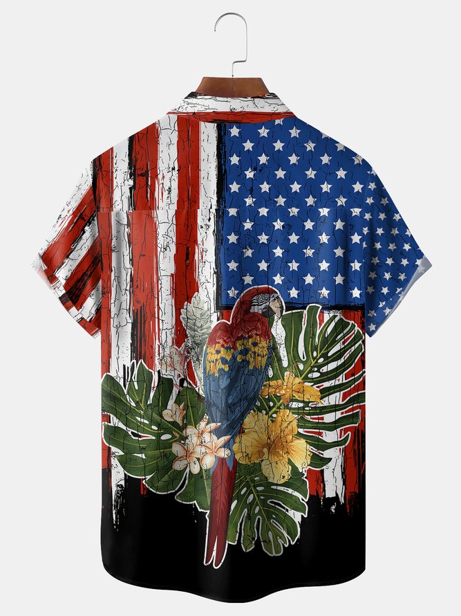 American Flag Parrot Chest Pocket Short Sleeve Hawaiian Shirt