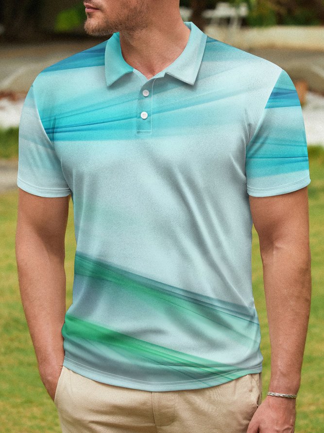 Gradient Abstract Stripe Button Short Sleeve Golf Polo Shirt