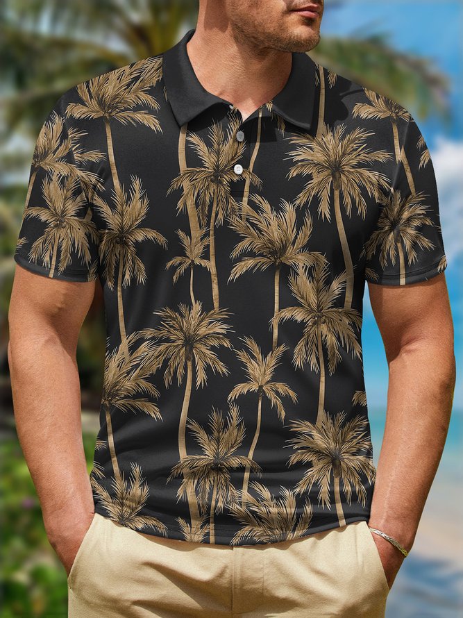 Coconut Tree Button Short Sleeve Golf Polo Shirt