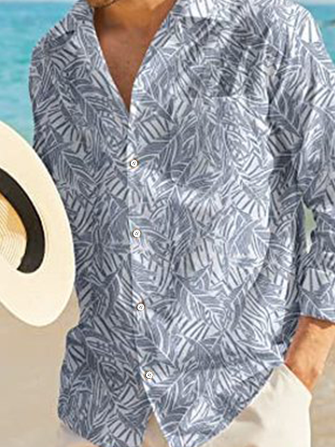 Tropical Plant Print Long Sleeve Casual Resort Shirt