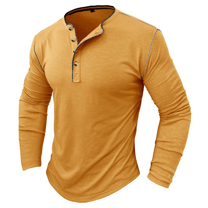 Contrast Color Henley  Vintage Long Sleeve T-Shirt