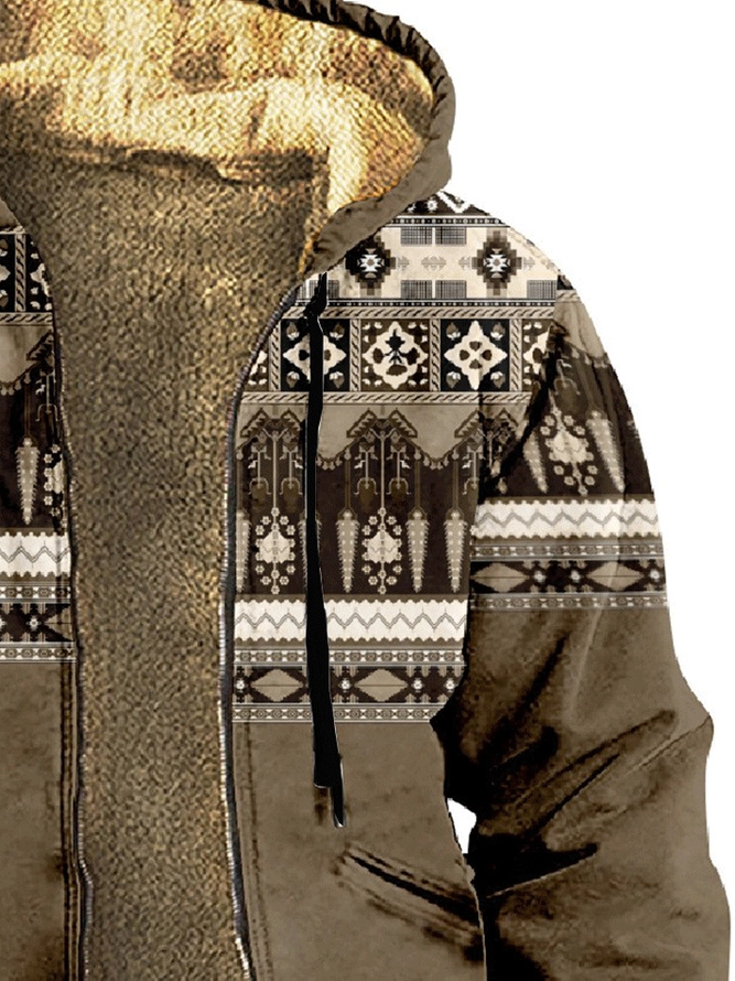 Ethnic Geometric Fleece Hooded Jacket