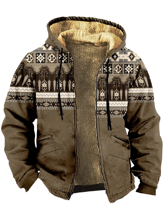 Ethnic Geometric Fleece Hooded Jacket